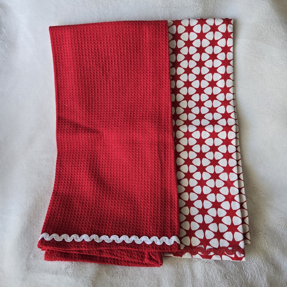 Red Patterned Cotton Kitchen Towels - Unbranded